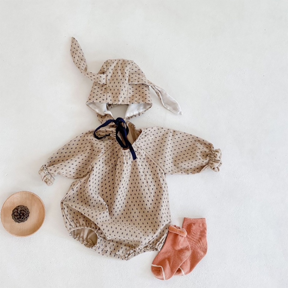 Polkadot Baby Romper Bunny Hat Set Coffee Brown - Picture 1 of 8